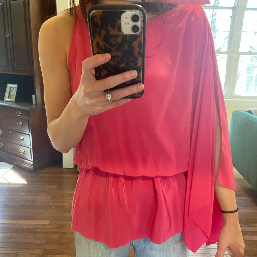 BCBG hot pink one sleeve faux silk tunic